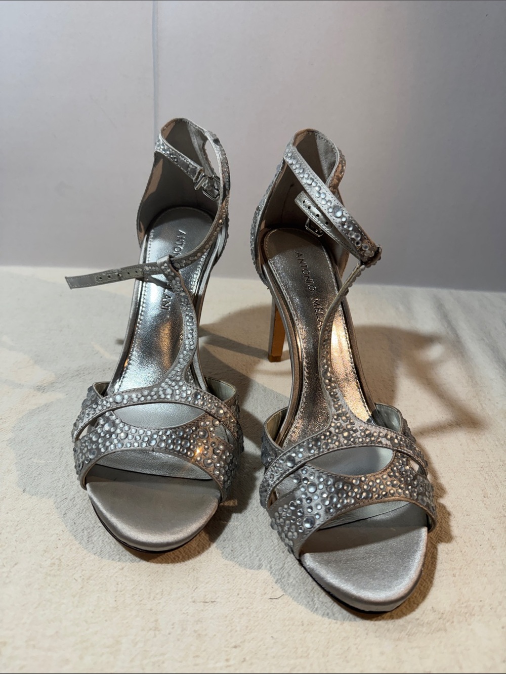 ANTONIO MELANI Silver Crystal-Embellished Strappy Heels